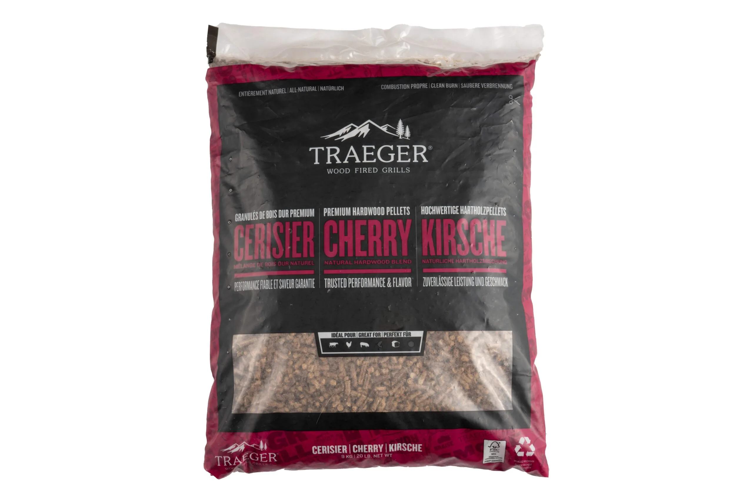 A bag of Traeger cherry flavoured wood pellets