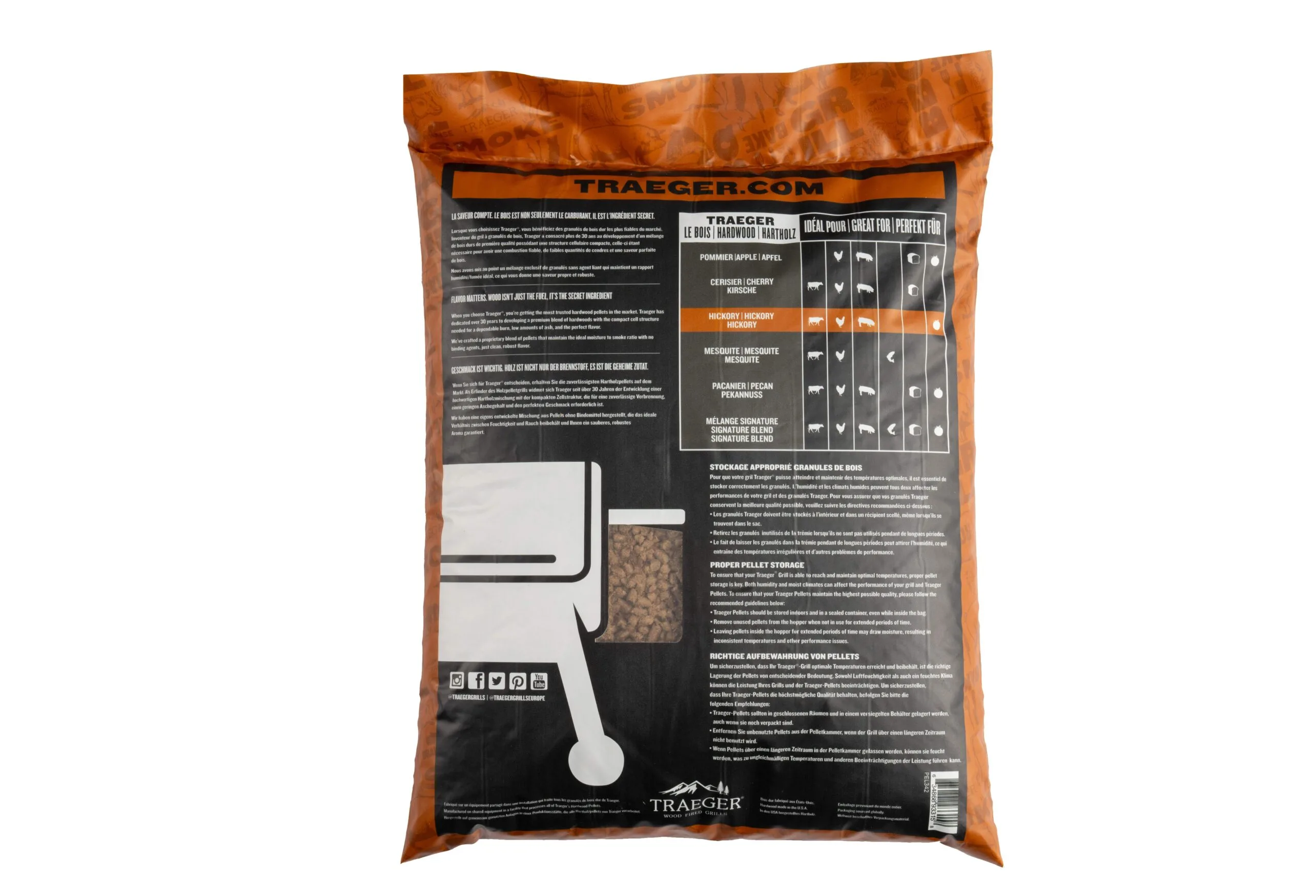 A bag of Traeger hickory flavoured wood pellets