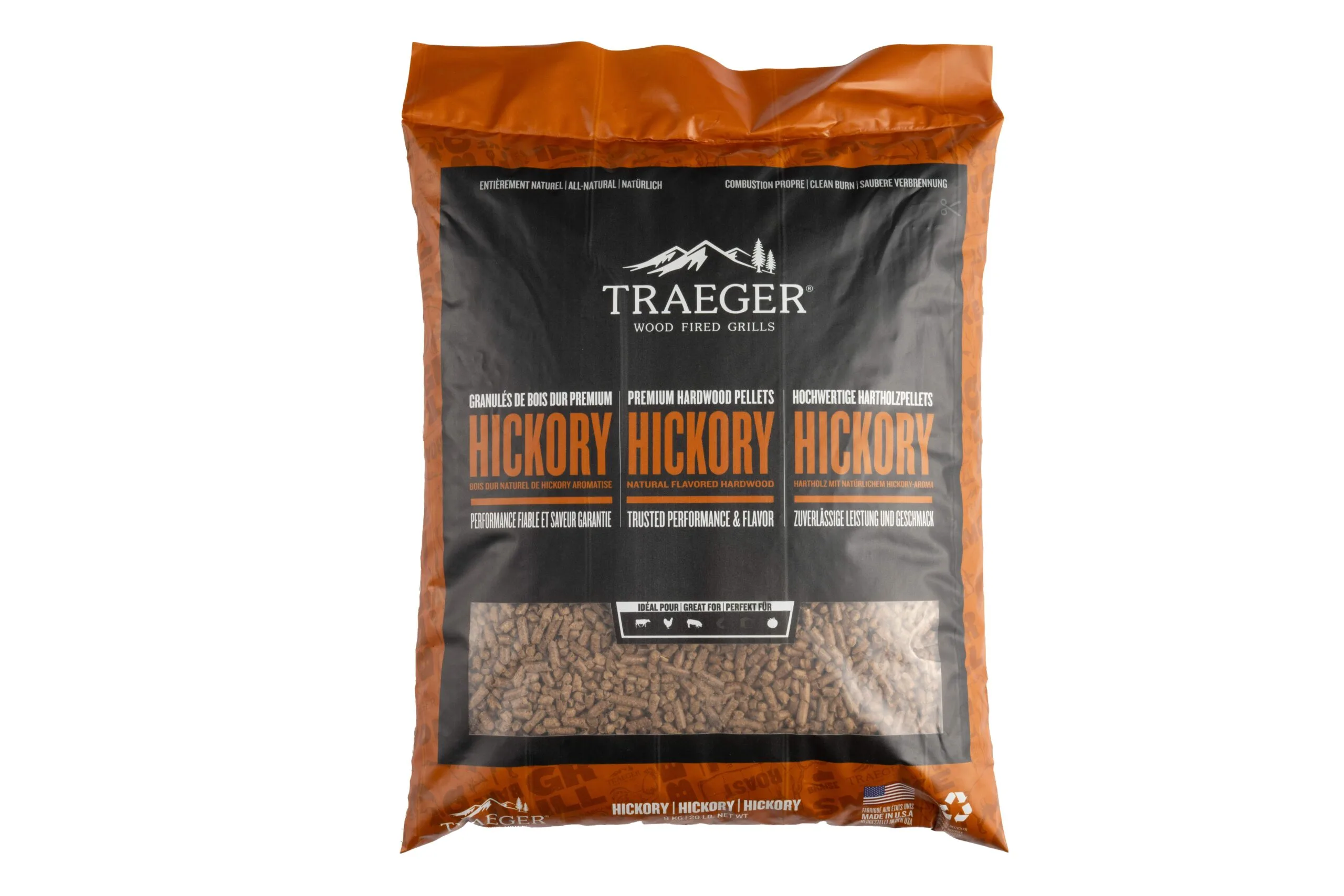 A bag of Traeger hickory flavoured wood pellets