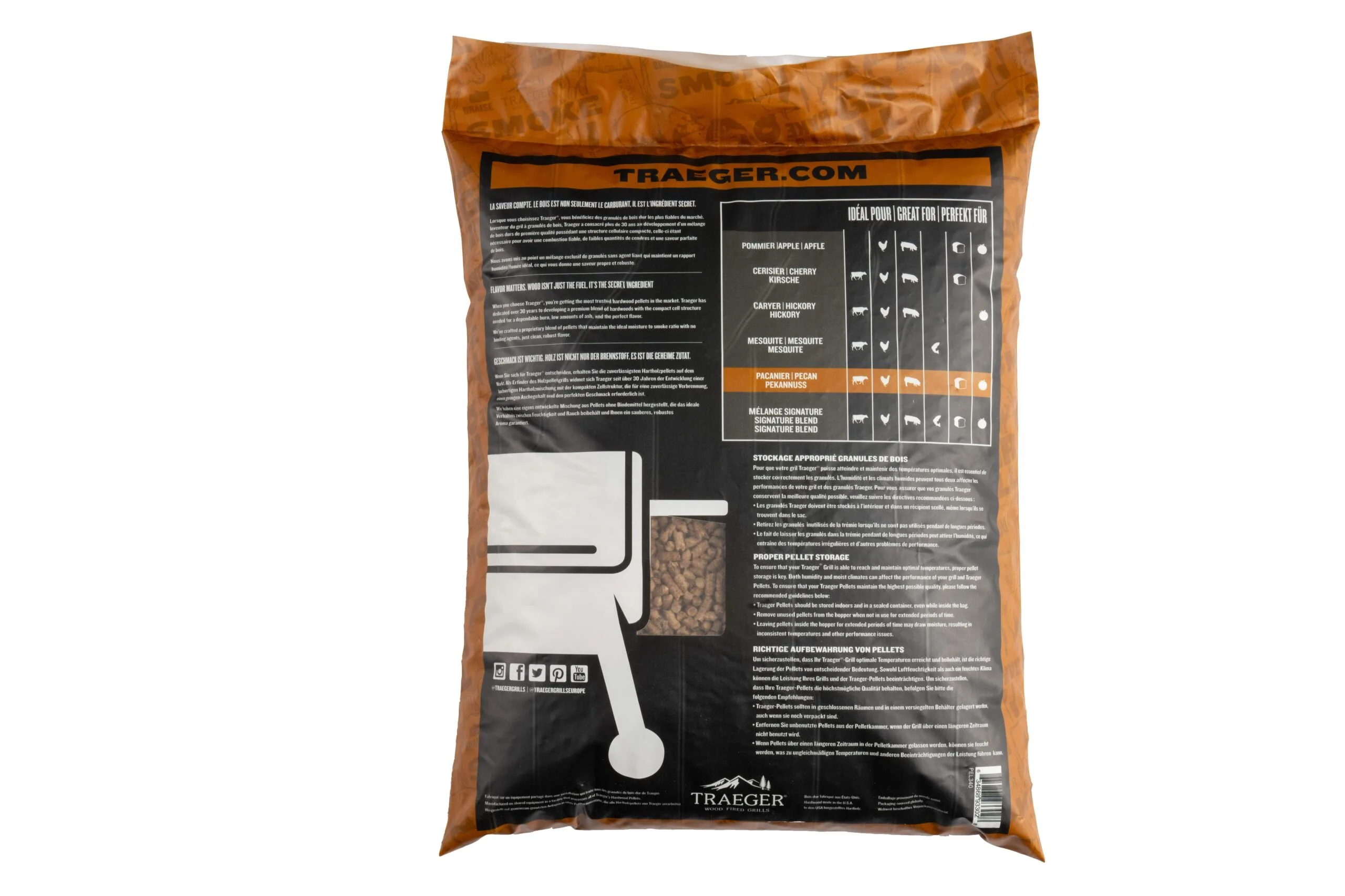 A bag of Traeger pecan flavoured wood pellets