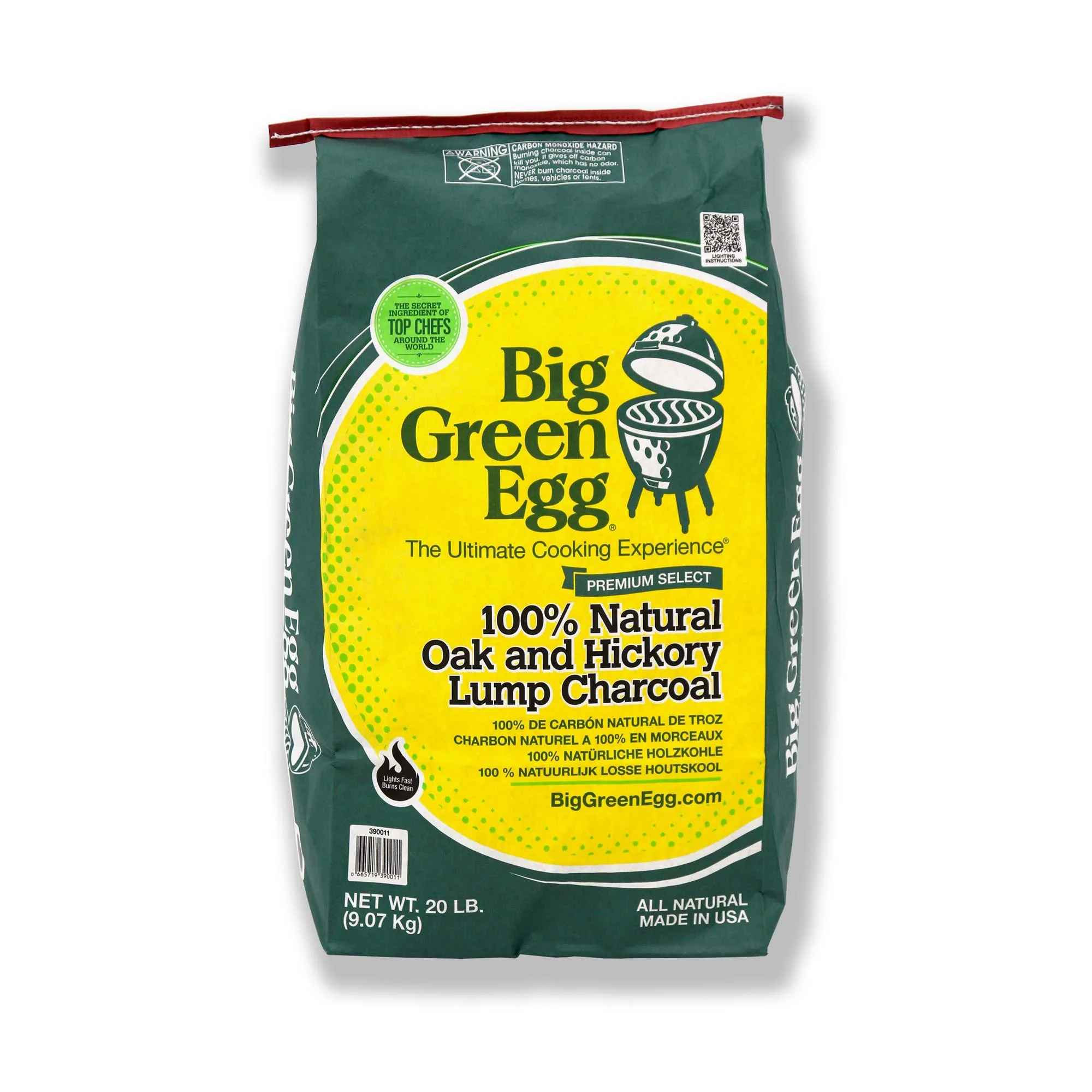 A bag of Big Green Egg Premium 100% natural lumpwood charcoal