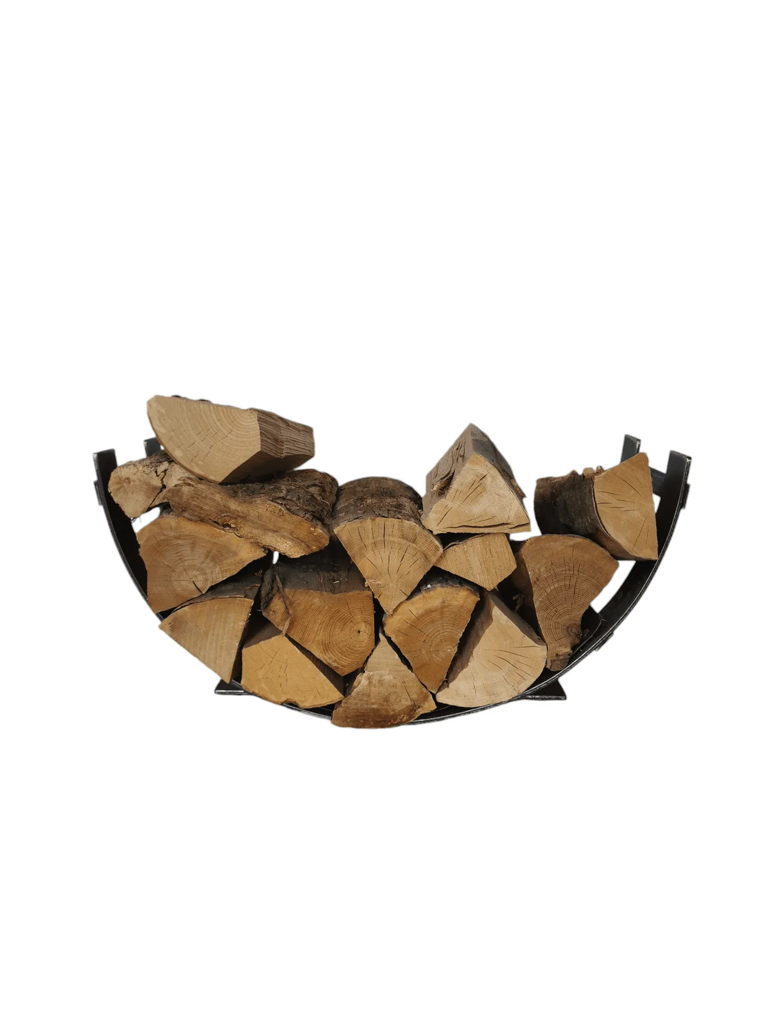 A solid steel log holding crescent with firewood inside