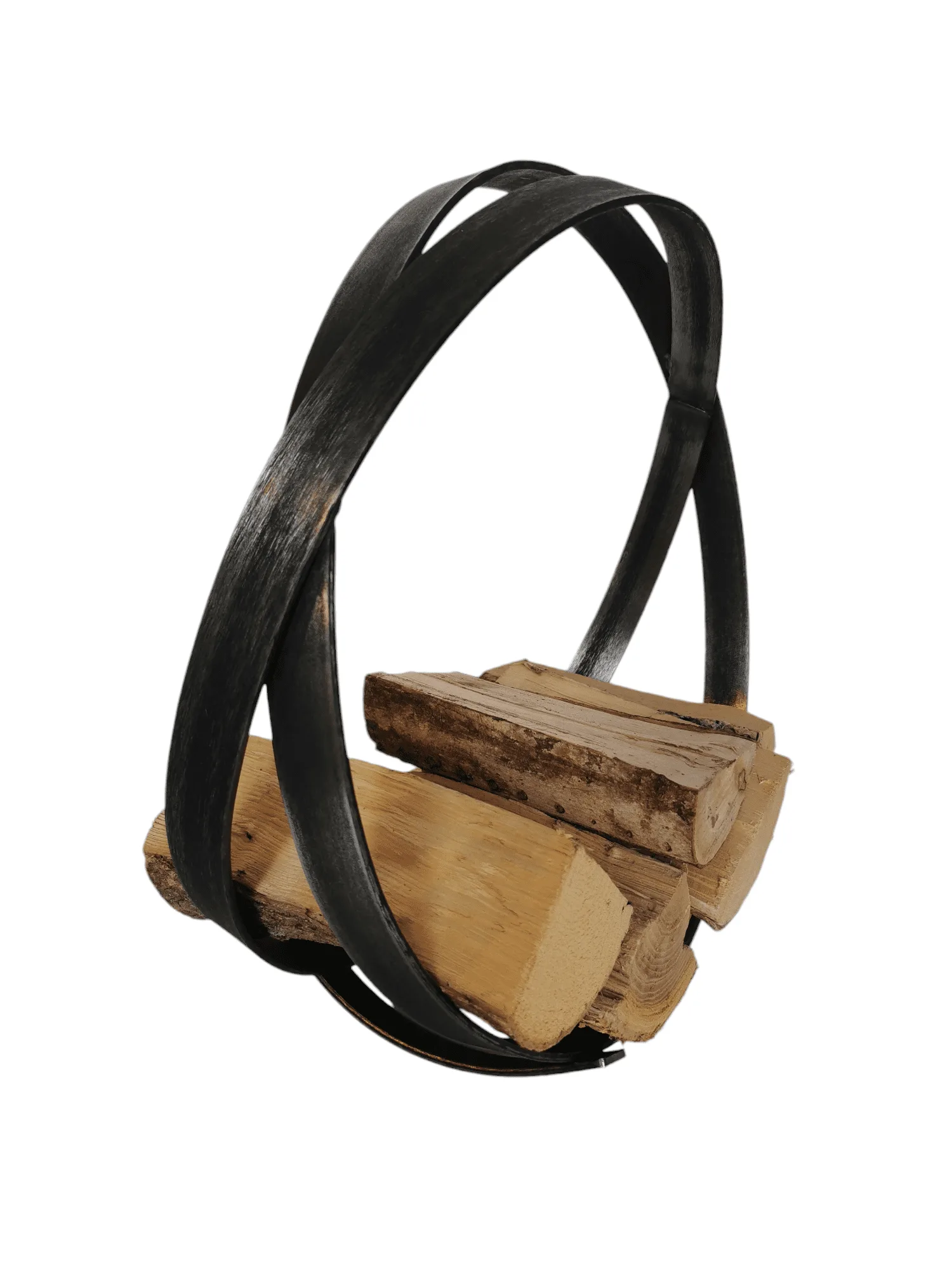 A solid steel log holding orb with logs inside