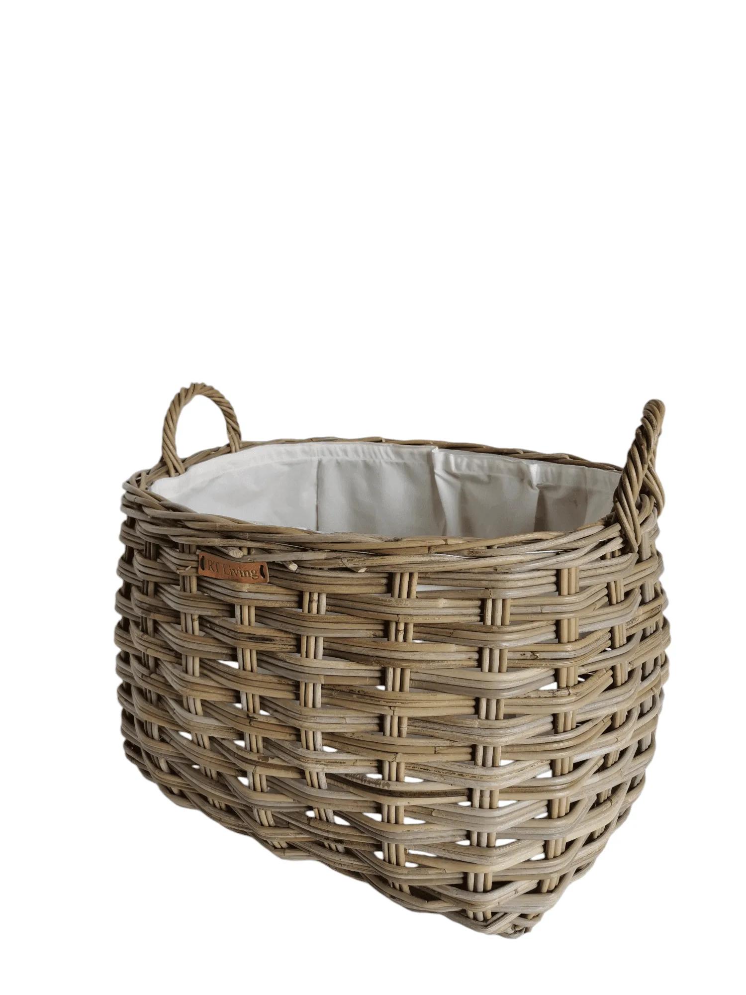 A round grey log basket with rectangle base and Calico liner