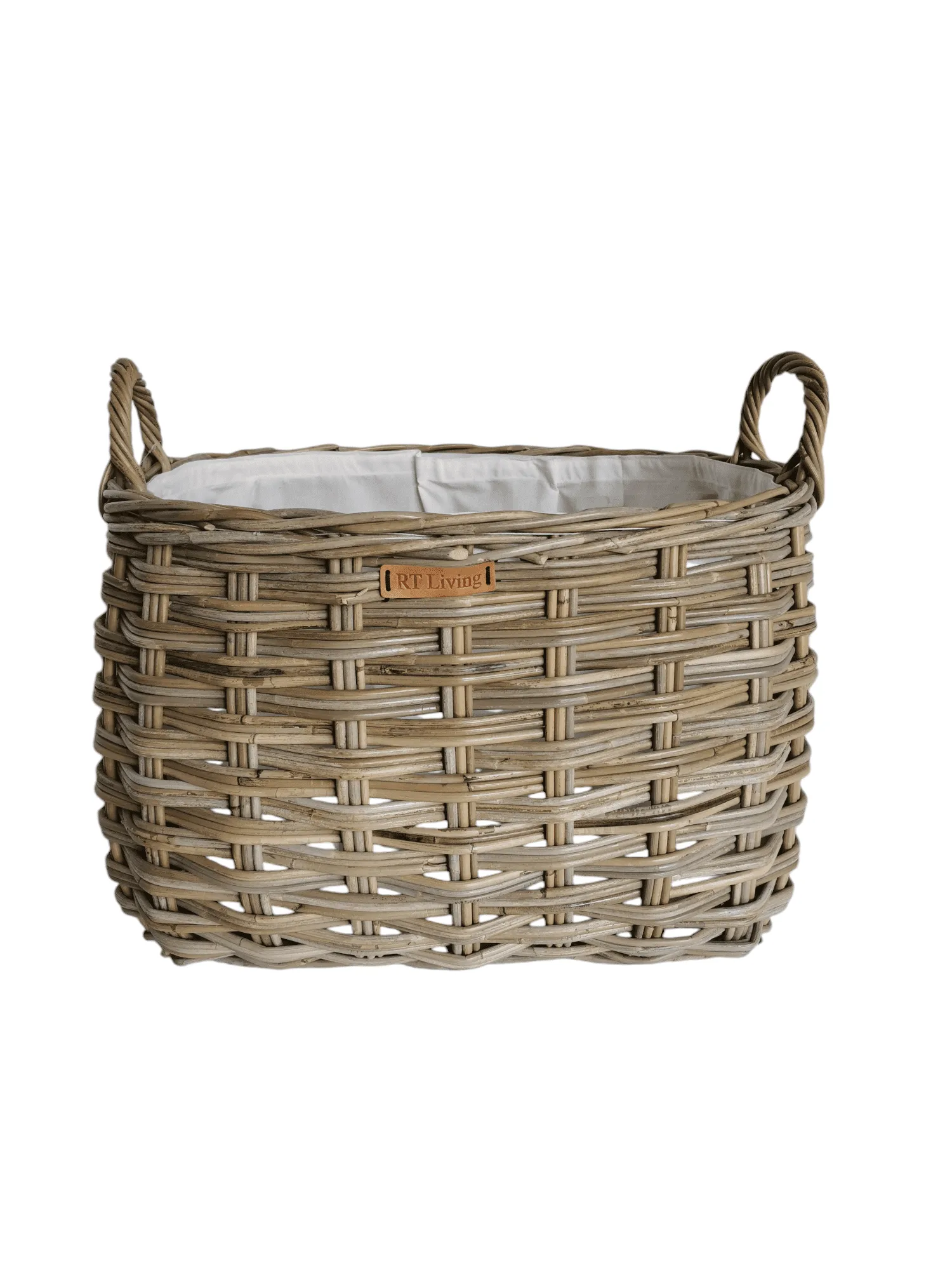 A round grey log basket with rectangle base and Calico liner