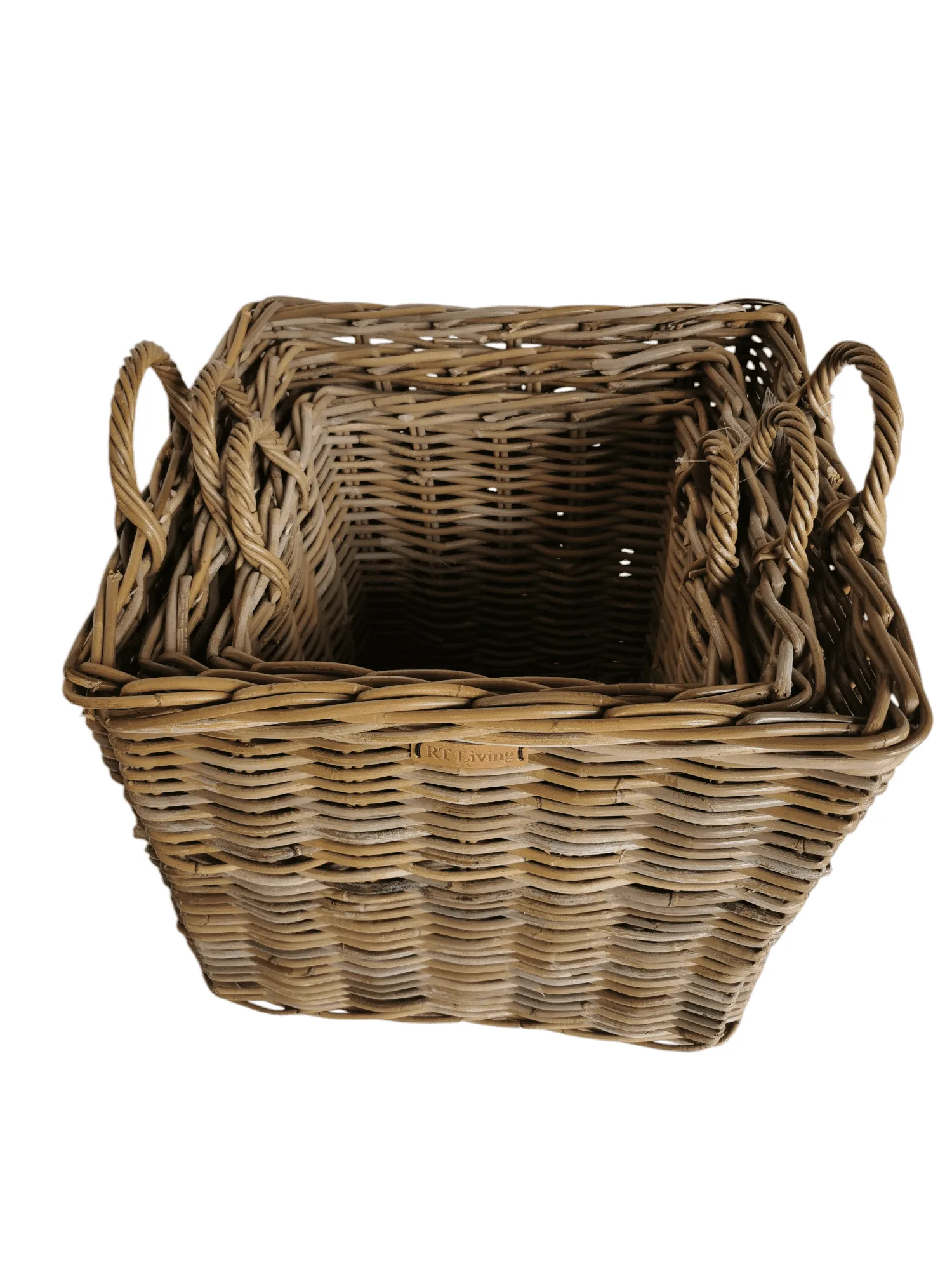 A set of 3 square log baskets with eared handles.