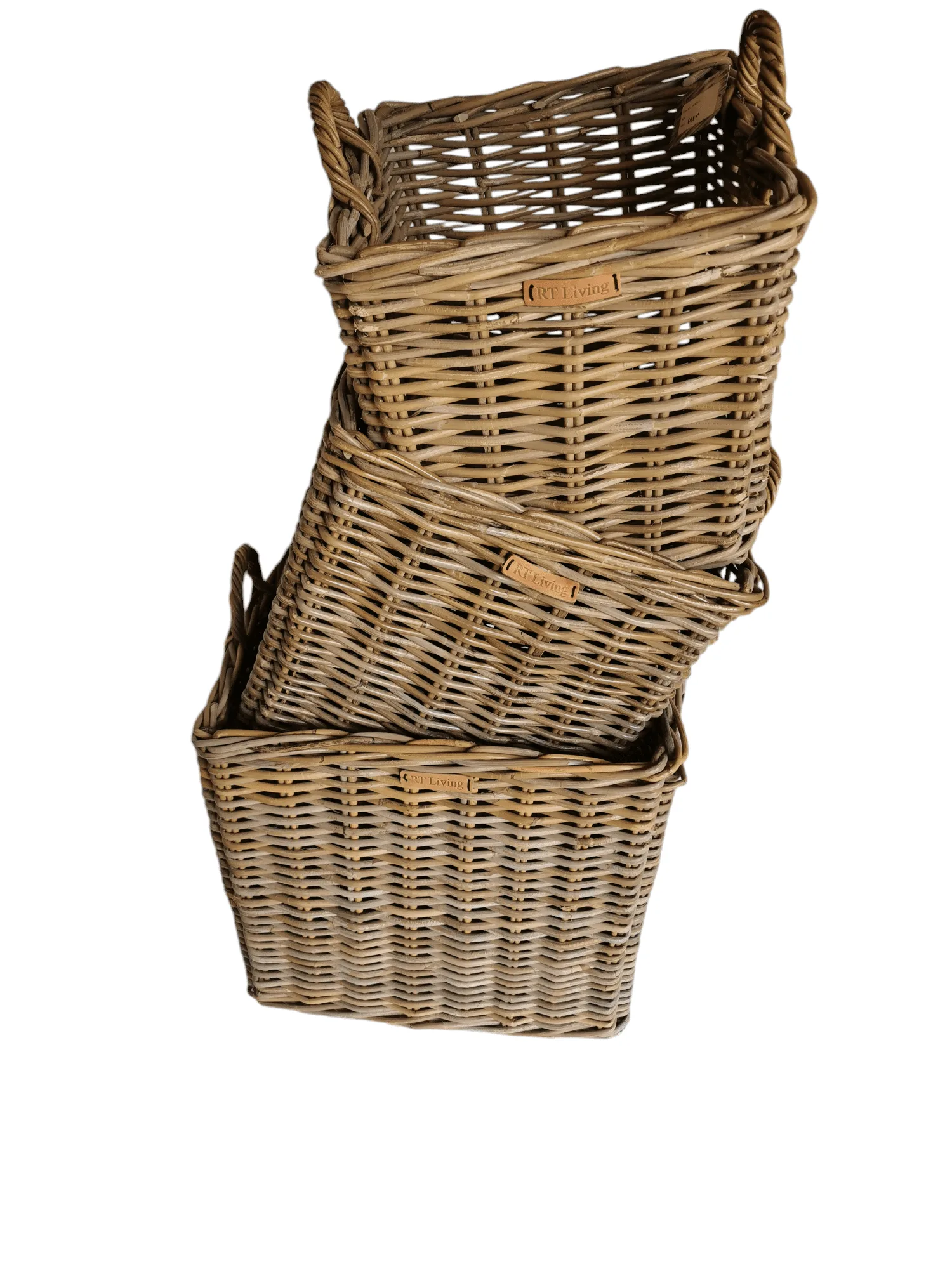 A set of 3 square log baskets with eared handles.