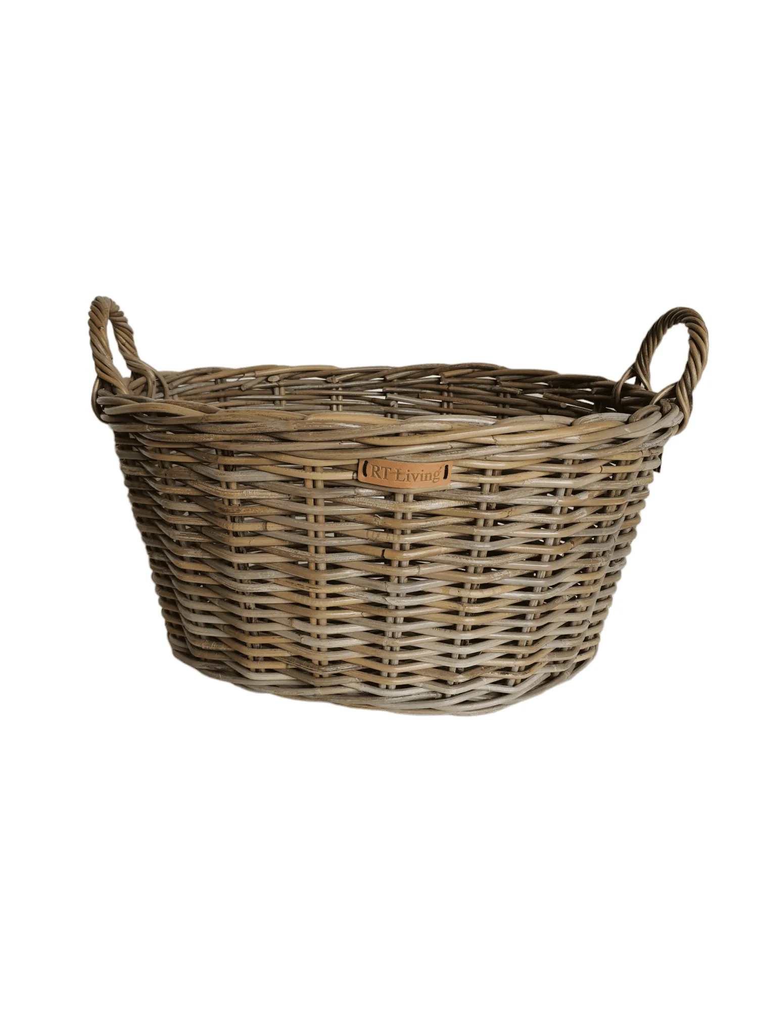 Oval shaped wicker log basket with eared handles.