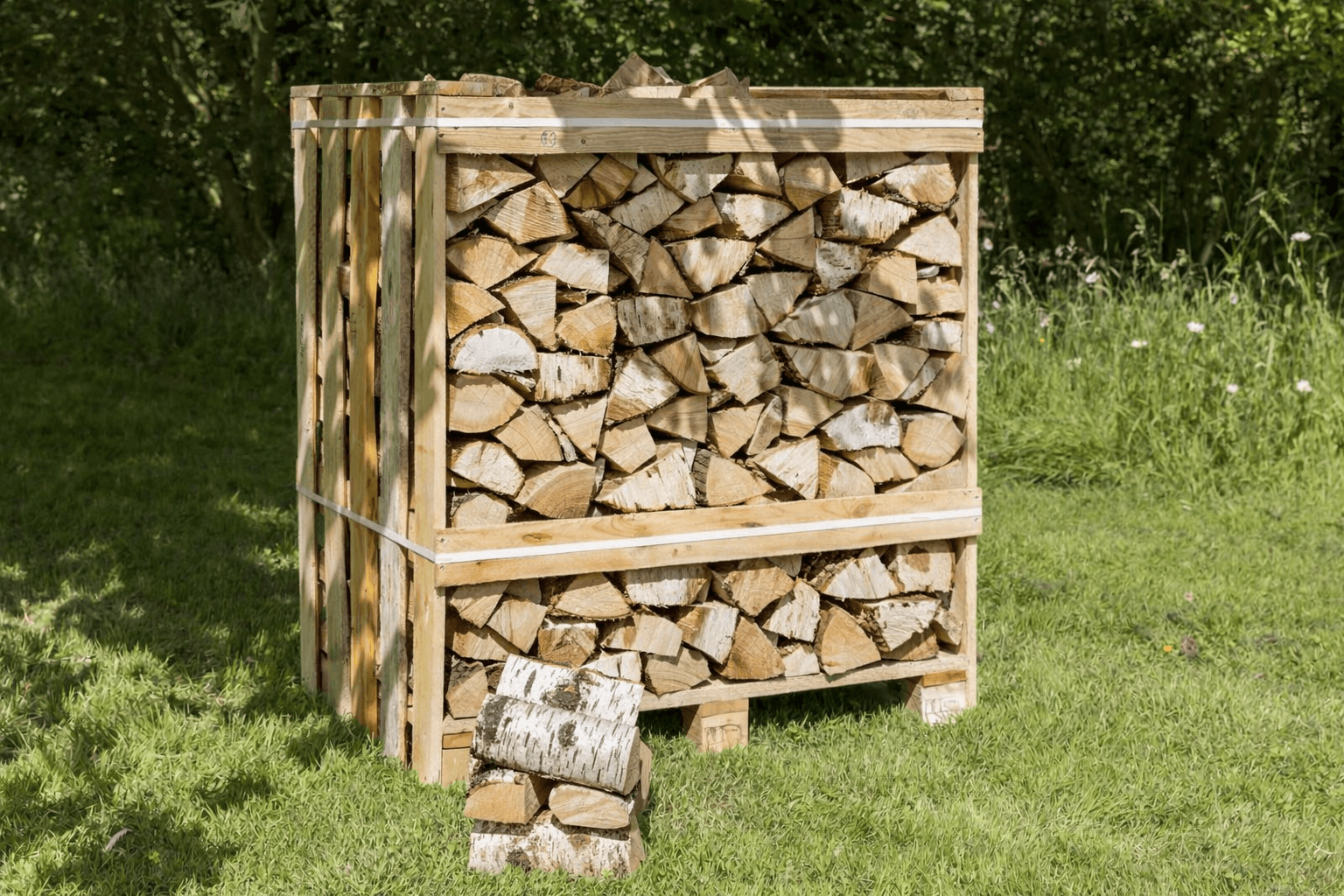 kiln dried birch logs in a 1m3 crate